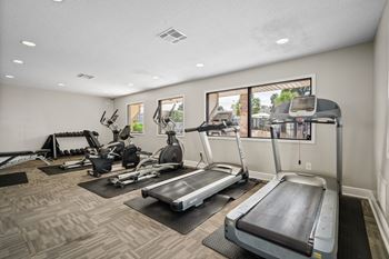 Fitness center with cardio and strength training equipment at 701 south apartments in mobile, al
